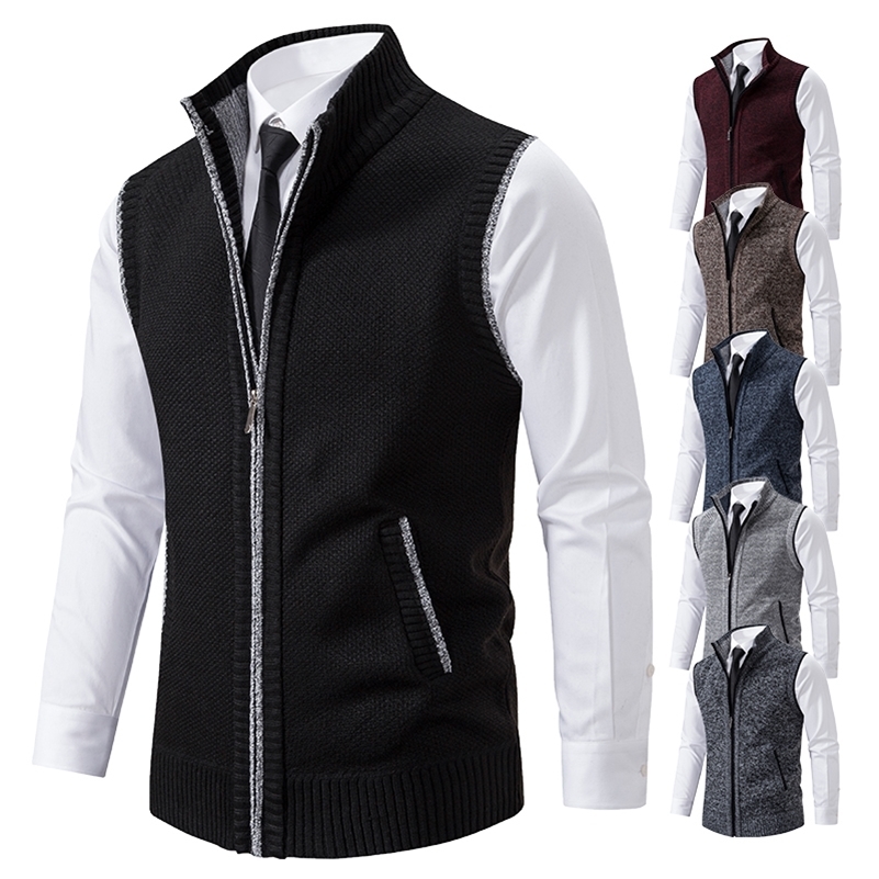 Vest Mens Knitted Sleeveless Sweater Wool Velvet Zipper Cardigan Turndown Pullovers Turtleneck Sweatercoat Knit Waistcoat y240821