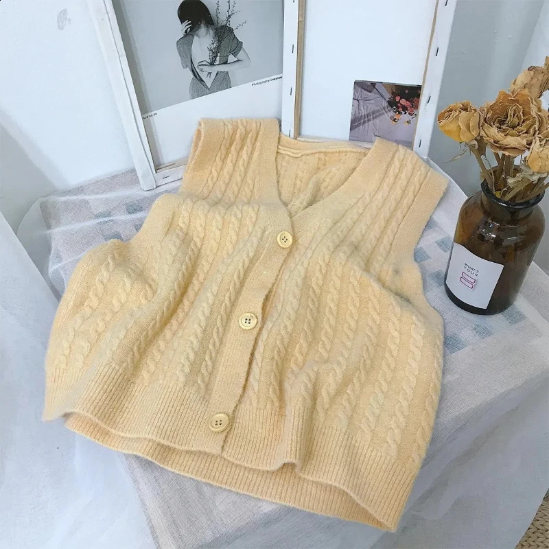 Womens Autumn Winter V-Neck Solid Color Cardigan Sweater Knitted Screw Thread Button Sleeveless Coats Fashion Casual Vest Tops 240822