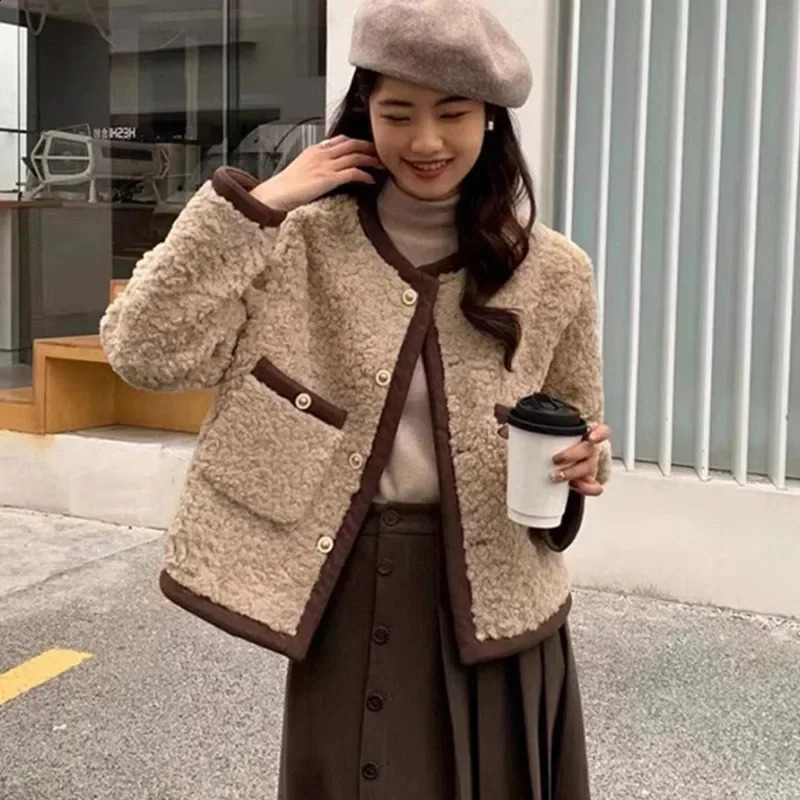 1988 Autumn Winter Womens Cashmere Coat Thickened Warm Open Knitted Woolen Sweater Korean Fashion Short Jacket Button Womens Elegant Coat 240822