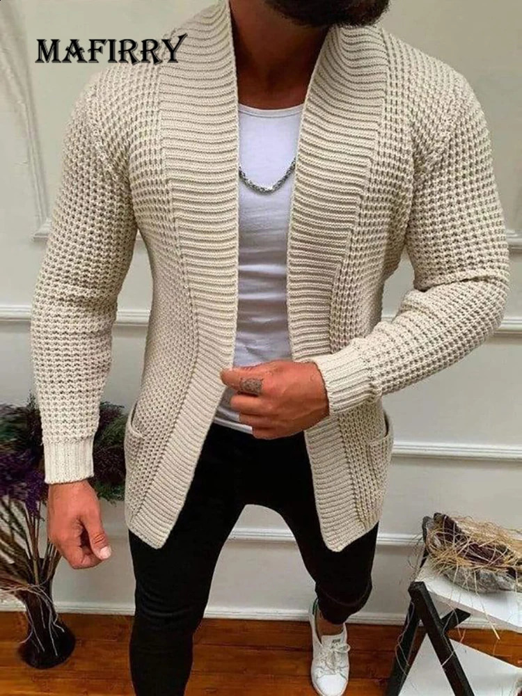 Mens striped casual knitted cardigan spring autumn V-neck solid long sleeved mens jacket Japanese pocket streetwear 240822