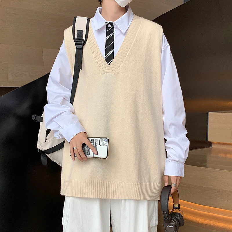Sweater Vest Men Vneck Solid Leisure Loose Allmatch Streetwear Sleeveless Sweaters Mens Knitted Korean Style Waistcoat B239 240821