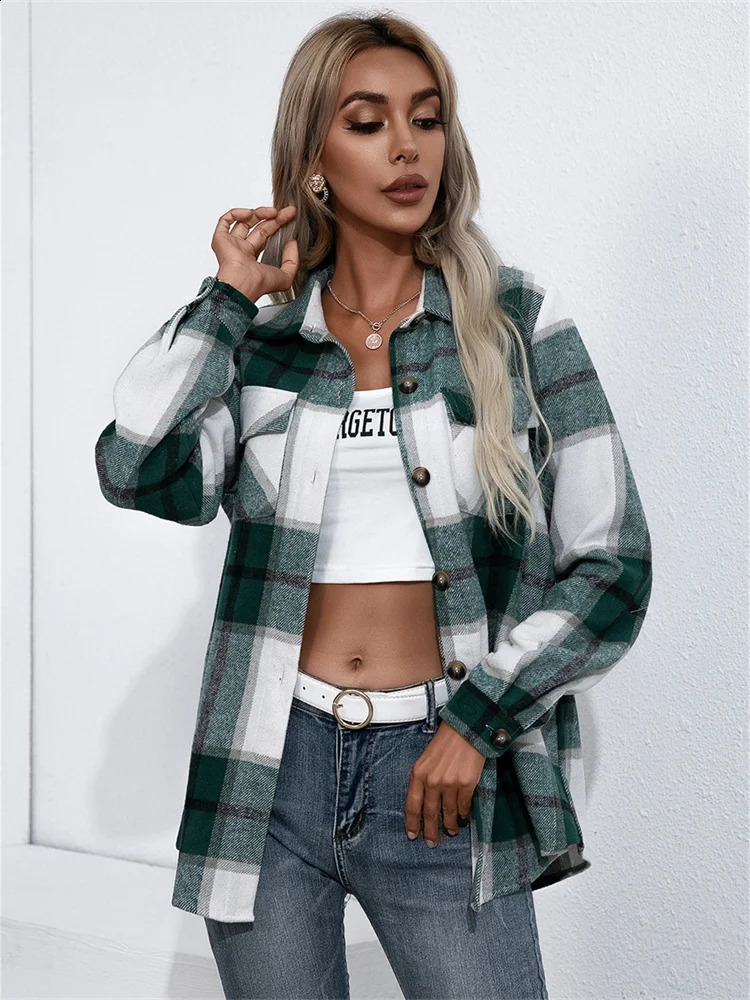 Womens casual loose long sleeved shirt jacket in autumn and winter womens wool single corset Harajuku jacket 240822