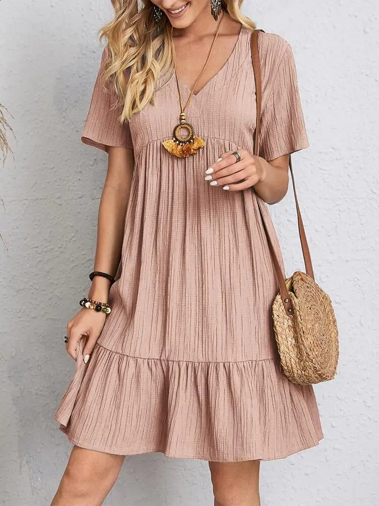 Femmes élégantes manches courtes en V Ruffles de cou robe d'été décontracté solide mini-robe robe chic bohème de la robe de soleil