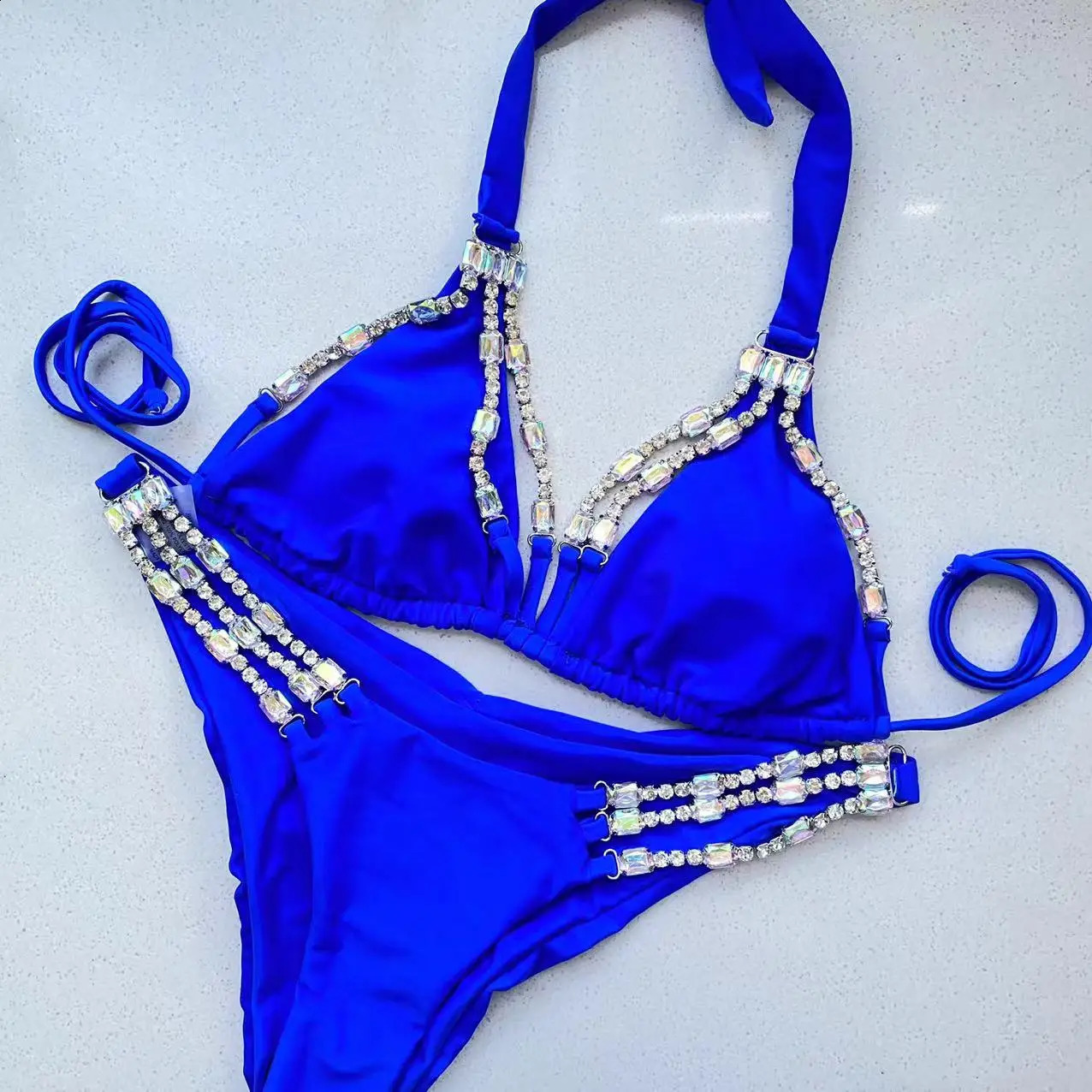 ensemble de Bikini strass bijoux femmes bleu Royal 2 pièces maillot de bain luxe maillot de bain couverture Ups maillots de bain 240822