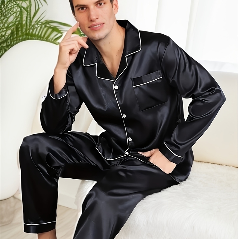 Men de pyjama établit des vêtements de nuit pour l'homme chemise en soie à manches longues pyjama mâle mâle satin satin de nuit