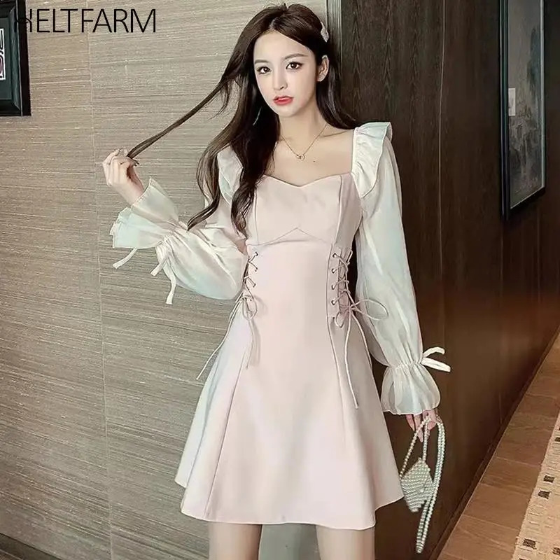 Robes roses douces Femmes Collier carré Gouches bouffantes Mini jupe de style coréen Robe à crampons à crampons printemps robe d'automne 240822