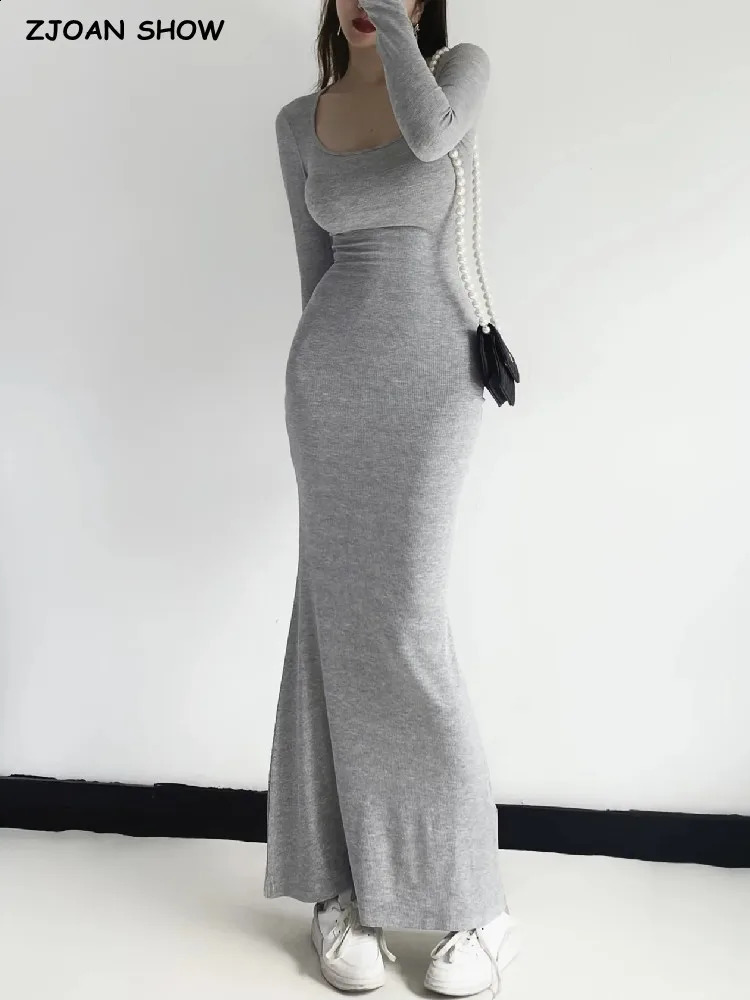 Sexy Square Collar Knitted Cotton Maxi Long Mermaid Dress Women Full Sleeve Stretch Basic Bodycon Fishtail Robe Vestido 240822