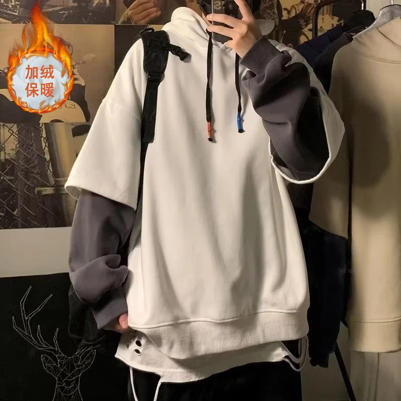 Winter Round Neck Long Sleeve Fashion Sweatshirts Man High Street Casual Loose Pullovers Fake Two Pieces Thick Drawstring Hoodie 240821