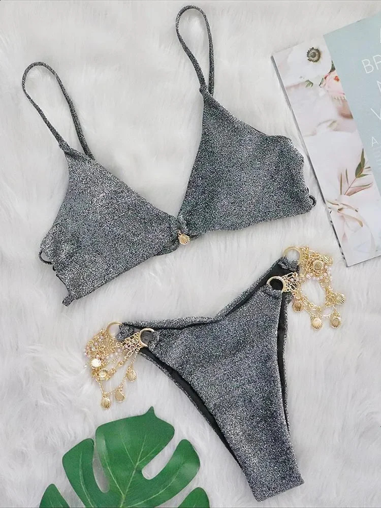 Ensemble Bikini gris brillant femmes luxe découpé strass métal string maillot de bain plage maillot de bain Mini Micro maillots de bain Biquini 2