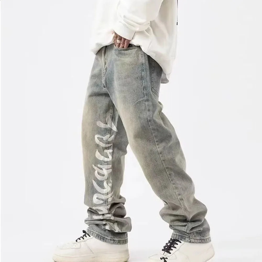 2024 Fashion Y2k Letter Graphic Summer Vintage Straight Denim Pants Loose Streetwear Jeans Mens Clothing Wide Leg 240822