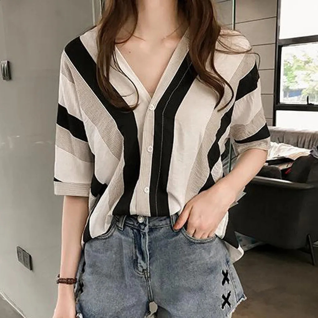 Fashion Women Short Sleeve Ladies V Neck Casual Tops Spliced Striped Shirts Chiffon Cardigan Loose Korean 2024 Blouse 240821Z