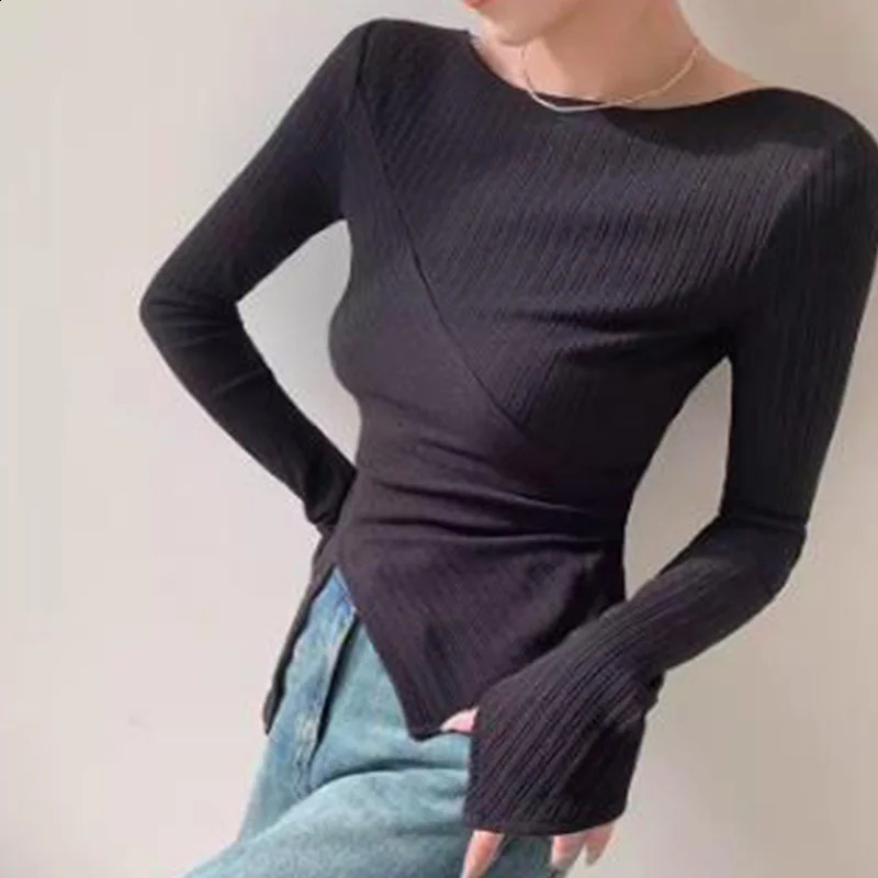 Summer Elegant Fashion Solid Color Aesthetic Office Lady T-shirts for Women Irregular Black Y2K O Neck Long Sleeve Tops 240821