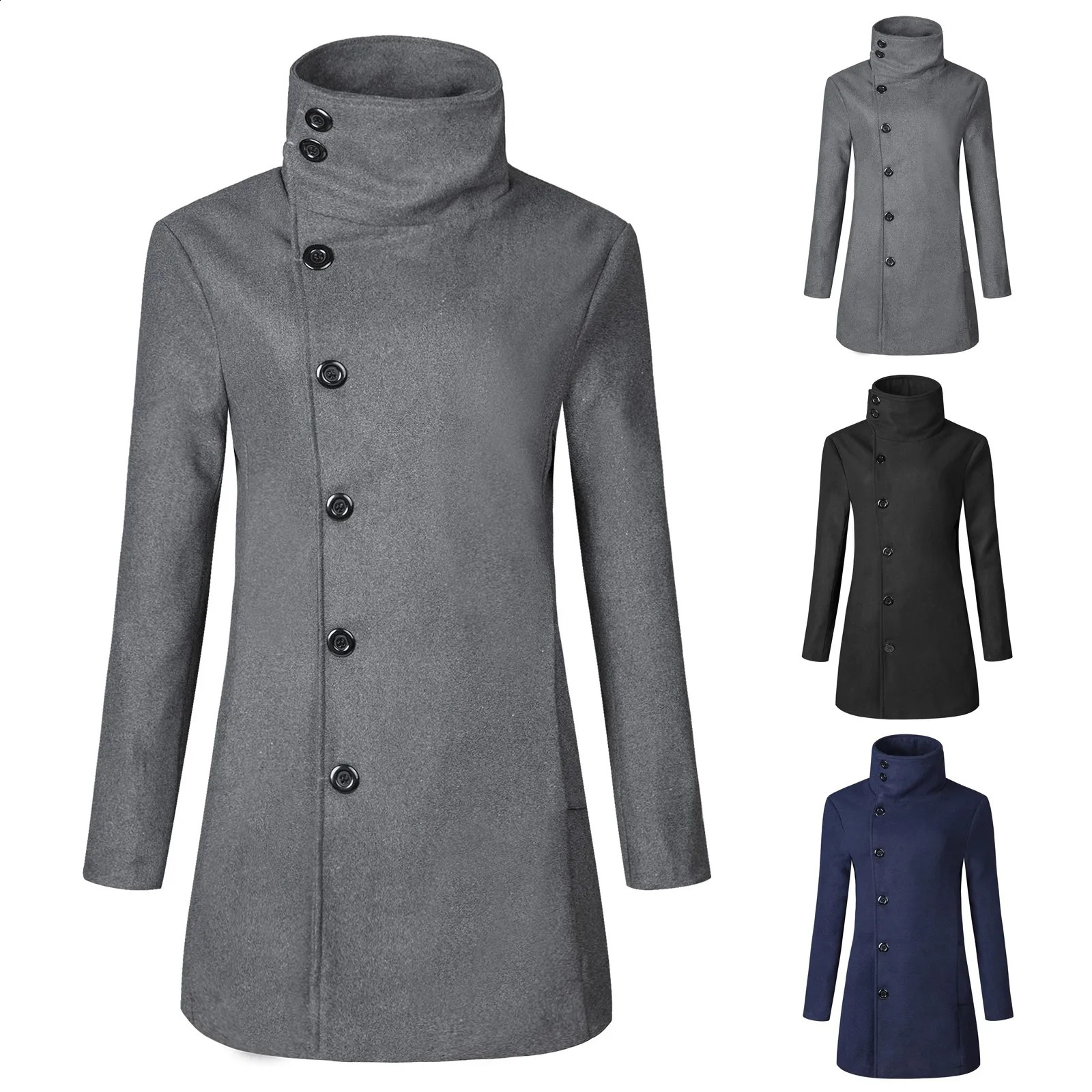 Mens Single-breasted Coat Stand-Up Buttons Casual Warm Solid Color Mid-length Windbreaker Woolen Coat Jacket Mens Windbreaker 240822