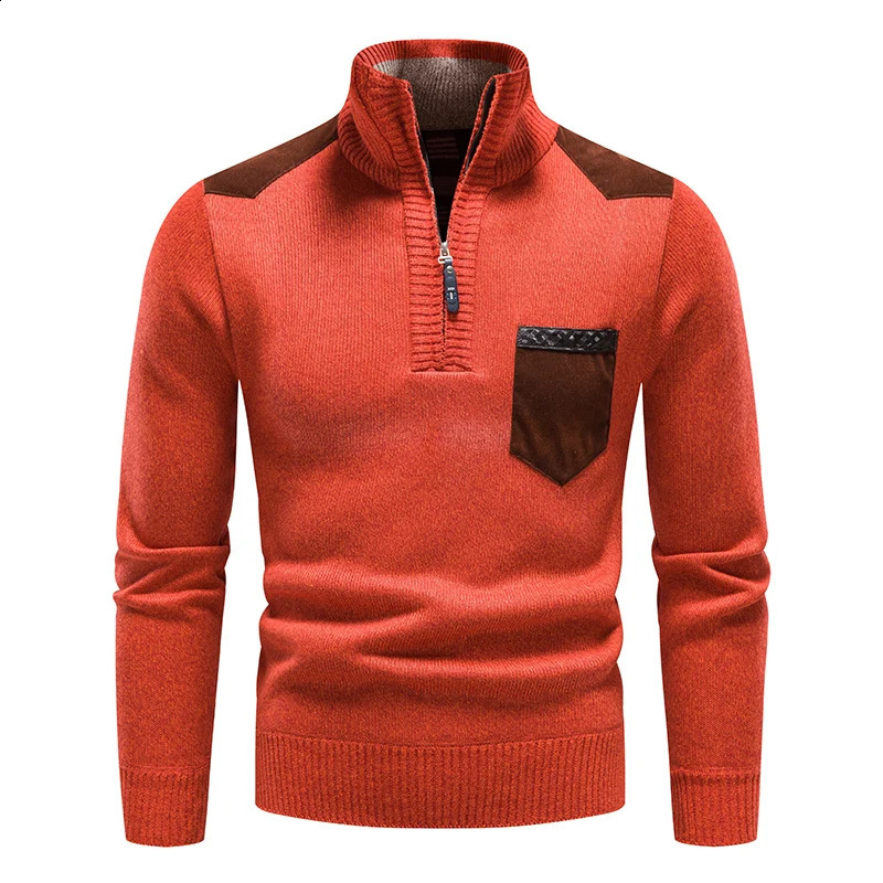Top Quality Mens Fleece Sweater Half Zipper Up Jerseys Autumn Winter Turtleneck Y2K Sweatshirts Jumpers Male Brown Polo Shirts 240821
