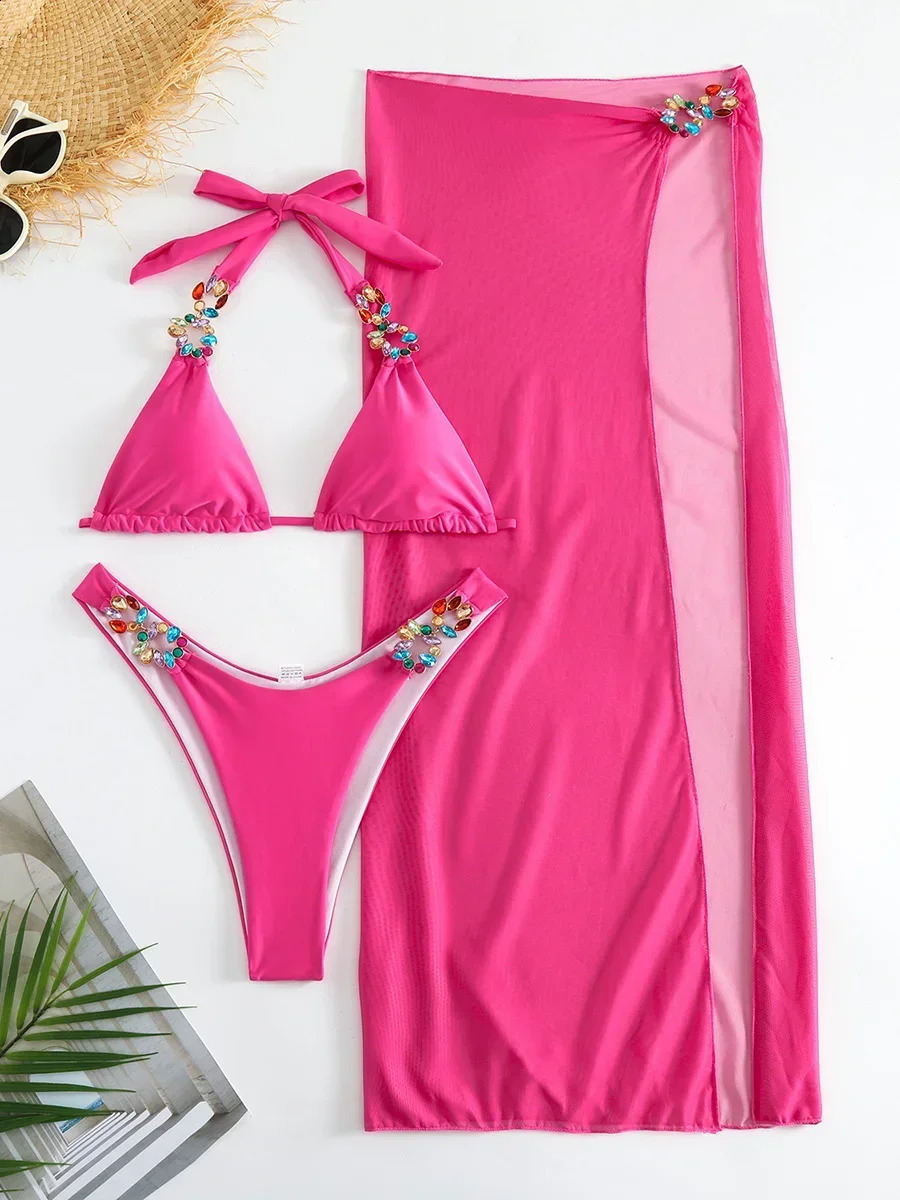 Maille jupe licou bijoux diamant Bikini femme maillot de bain femmes maillots de bain trois pièces Bikini ensemble maillot de bain maillot de bai