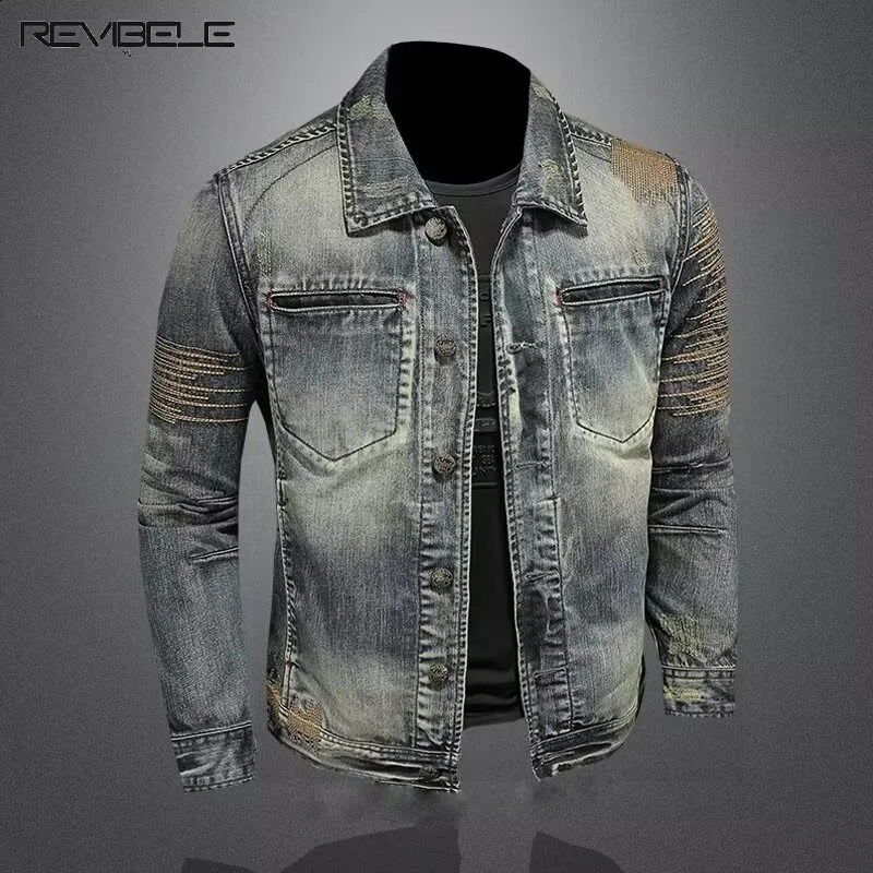 Mens Spring Autumn Denim Jacket Vintage Lapels Cultivation Cowboy Coats Washed Distressed Casual Cargo Jackets High-quality 240821