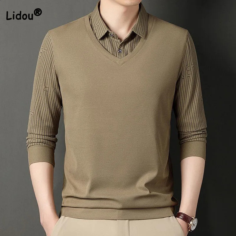 Business Office Casual false Two Pieces Polo-Neck Shirt Autumn Winter Male Clothes Fashion Long Sleeve Patchwork Tops for Men 240821