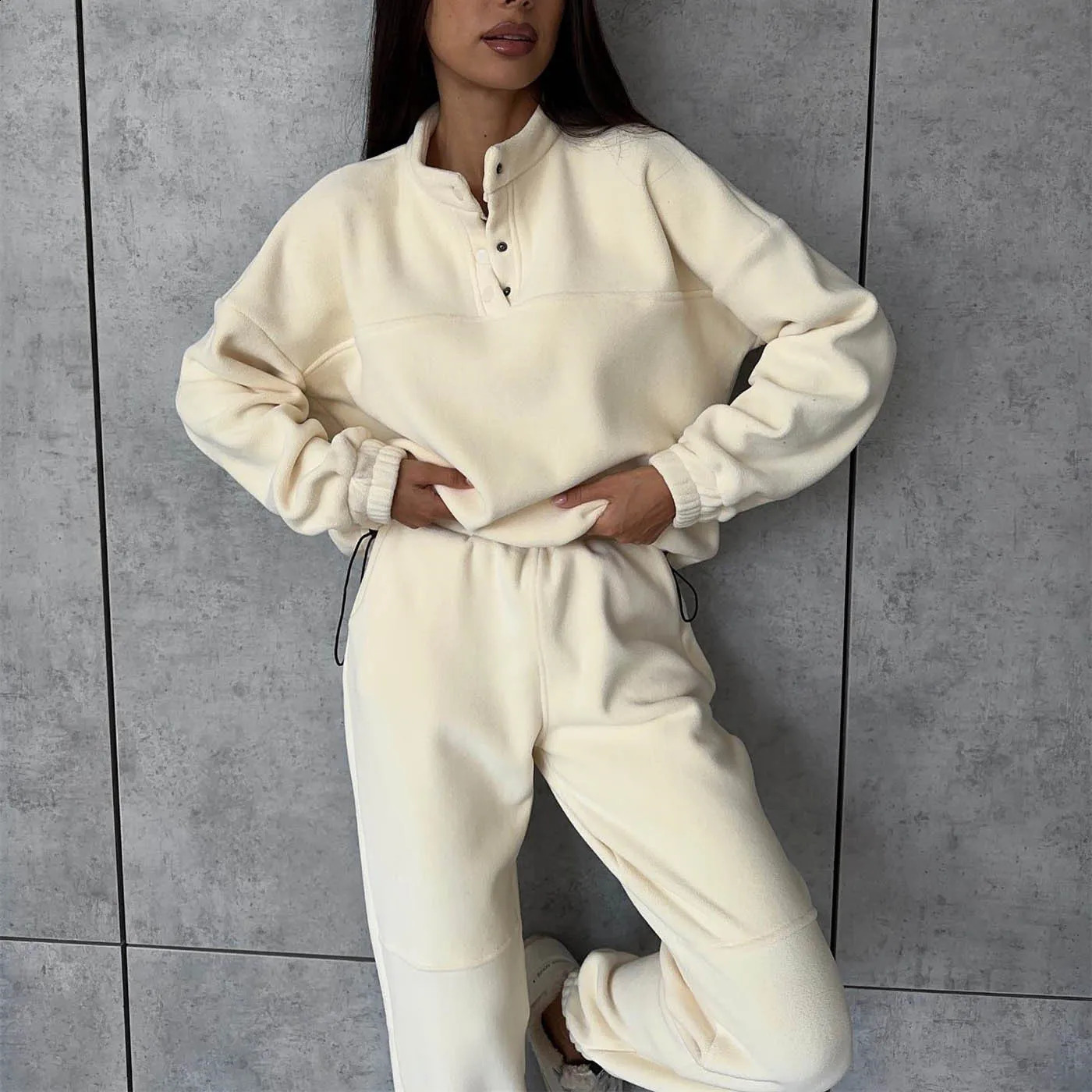 Autumn and Winter Womens Casual Hoodie Set Womens Solid Color Fleece Top and Pants Two-piece Set 240821