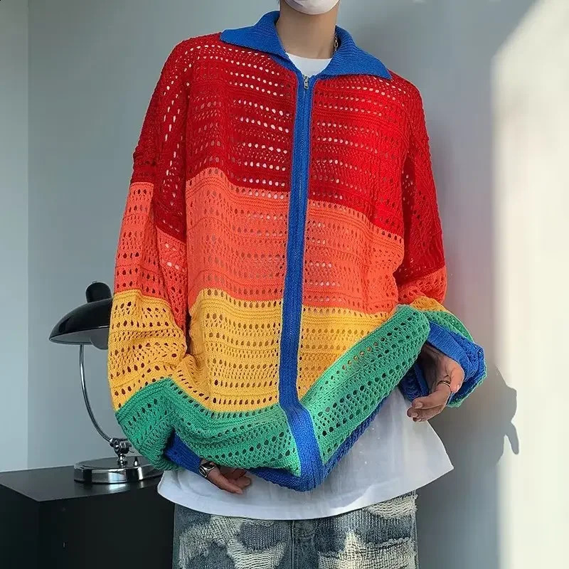 Autumn Iris Hollow Knitted Top High-end Feel Niche Color Blocking Zipper Pullover Sweater Jacket For Men Casual Scene 240821