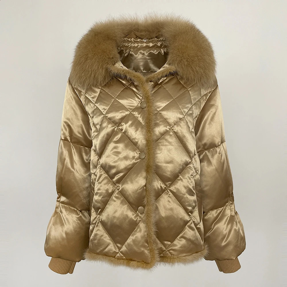 Mink Fur Puffer Jacket Real Fox Fur Jacket Women Autumn Winter Large Fur Collar Short Casual 90 White Duck Down Coat Warm 240821