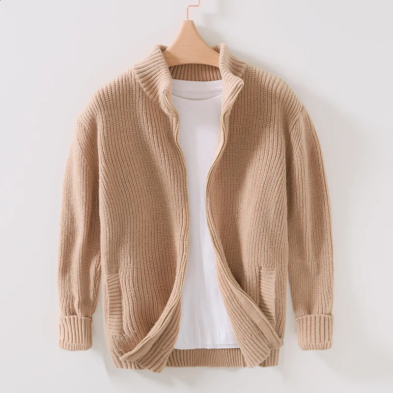 Autumn Winter Men Cardigan Sweater Mens Stand Collar Zipper Polyester 100% Thickened Knit Solid High Street Warm Clothes 240821
