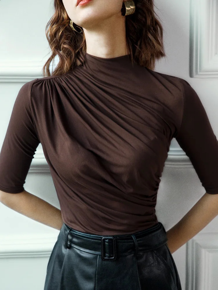 Womens Soft Modal T-shirt Half Sleeve Turtleneck Womens Top Spring Autumn Causal Lady Clothings Solid color basic shirt 240821