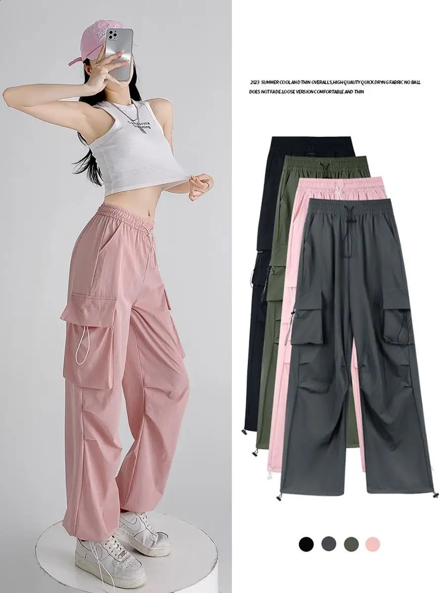 Womens Summer Cargo Pants Y2K Long Pants Quick Dry Nylon Korean Style Baggy Hip Hop Black Gray Pink Army Geen 240821
