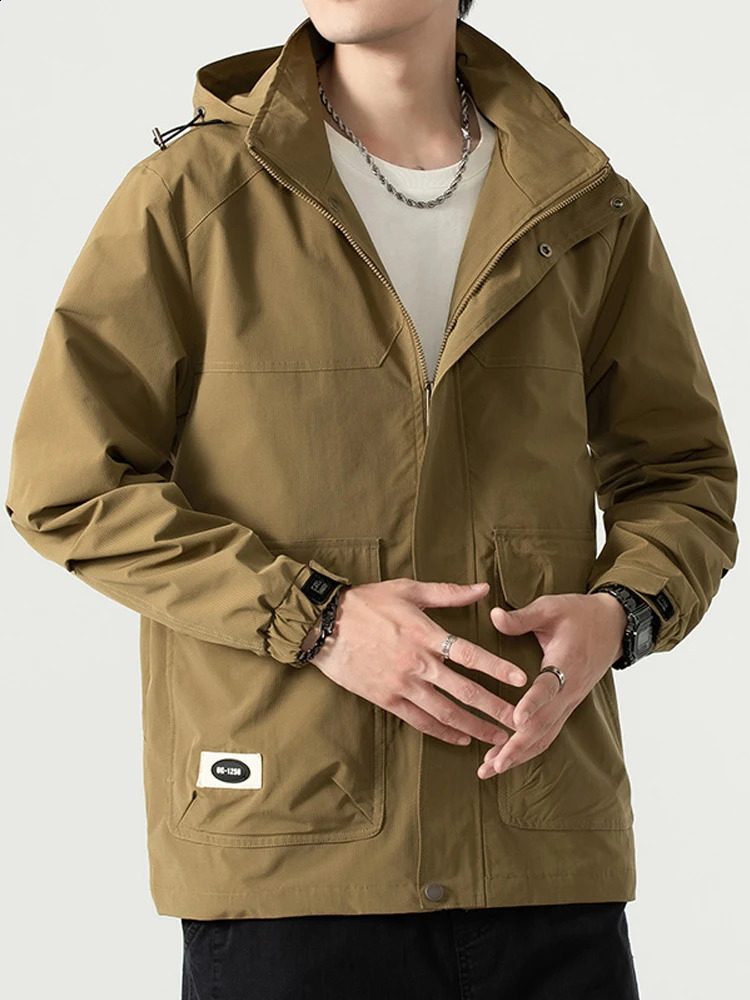 Mens windproof casual jacket outdoor multi pocket zipper waterproof windproof hooded jacket large size 6XL 7XL 8XL 240822