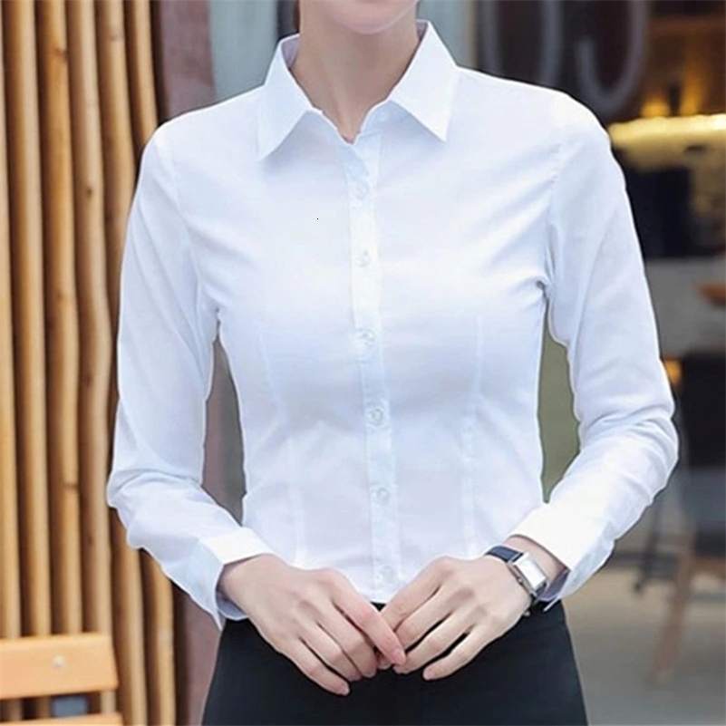Femmes élégantes chemises femme blanche chemise à manches longues Blouse bureau dame affaires bouton rose bouton solide Blouses tops y240821