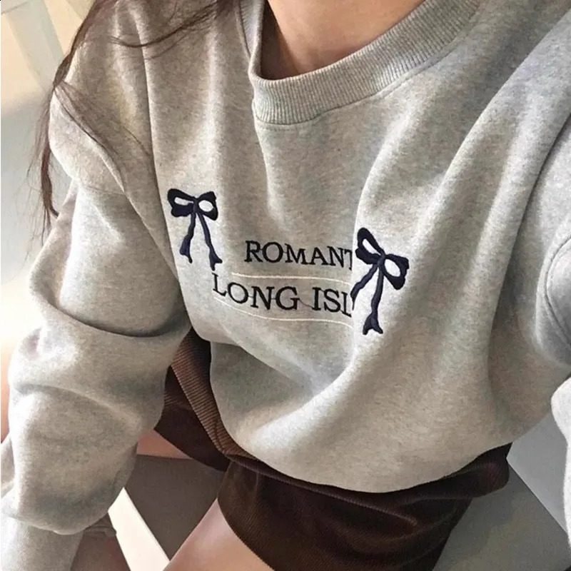 Korean Casual Bow Knot Shirts Letter Embroidery Long Sleeve Pullovers Tops O-neck Plush Sweatshirts Solid Loose Shirts For Women 240822