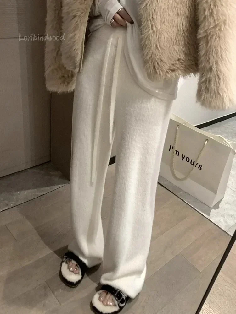 Pantalon à jambes larges en tricot en laine de vison cireuse en laine