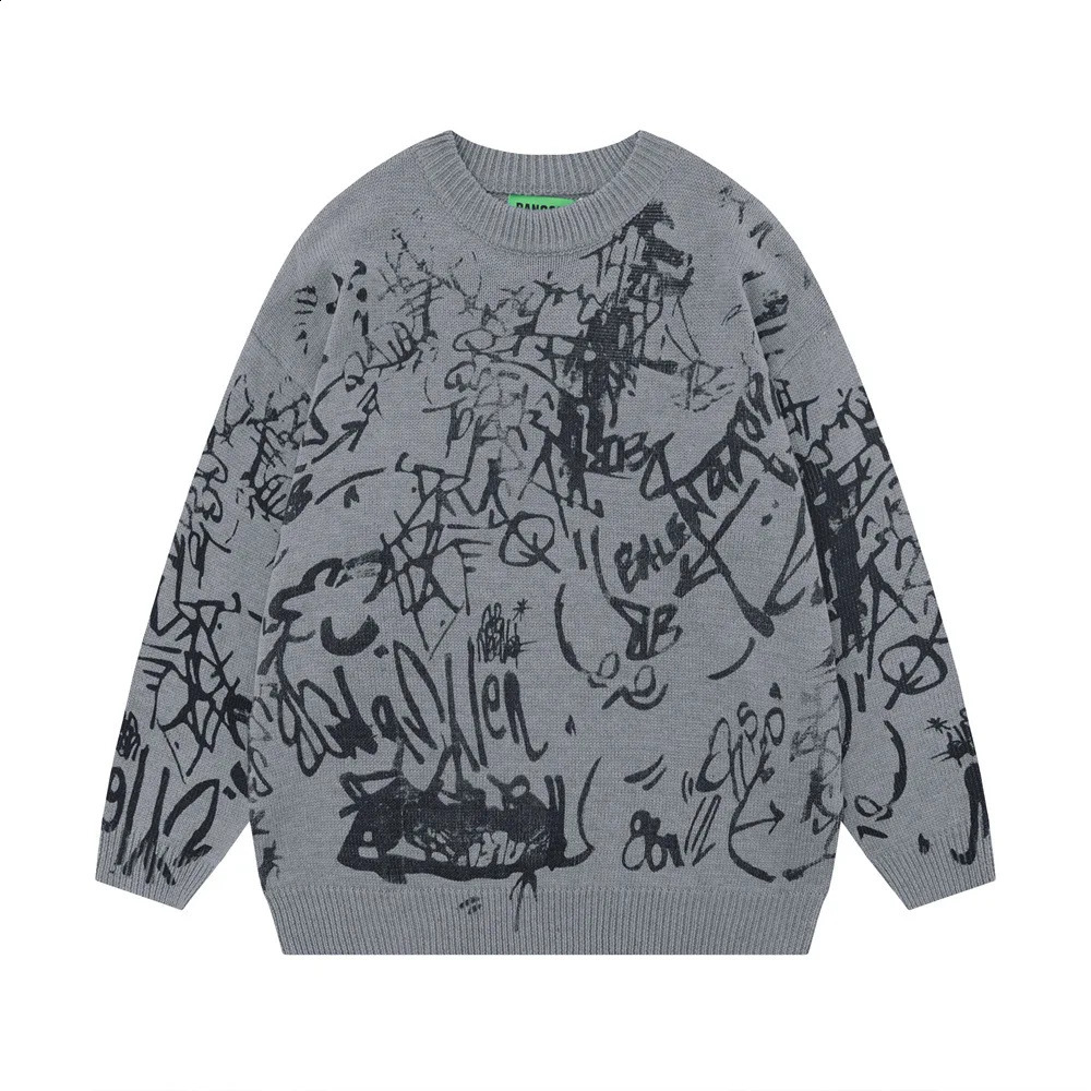 Mens Graffiti Printed Sweater Loose Casual Hip-hop Trend Long Sleeve Knitted Round Neck Comfortable Harajuku Versatile Pullover 240821