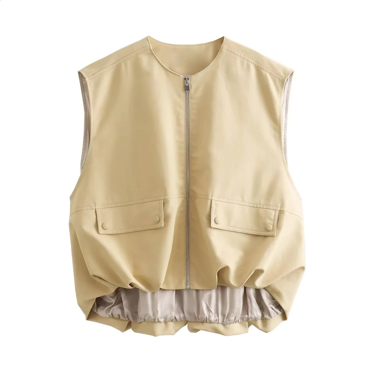 Women Vintage Khaki Padded Waistcoat with Double Pockets O-Neck Fold Hem Sleeveless Vest for Casual Loose Solid Outerwear 240822