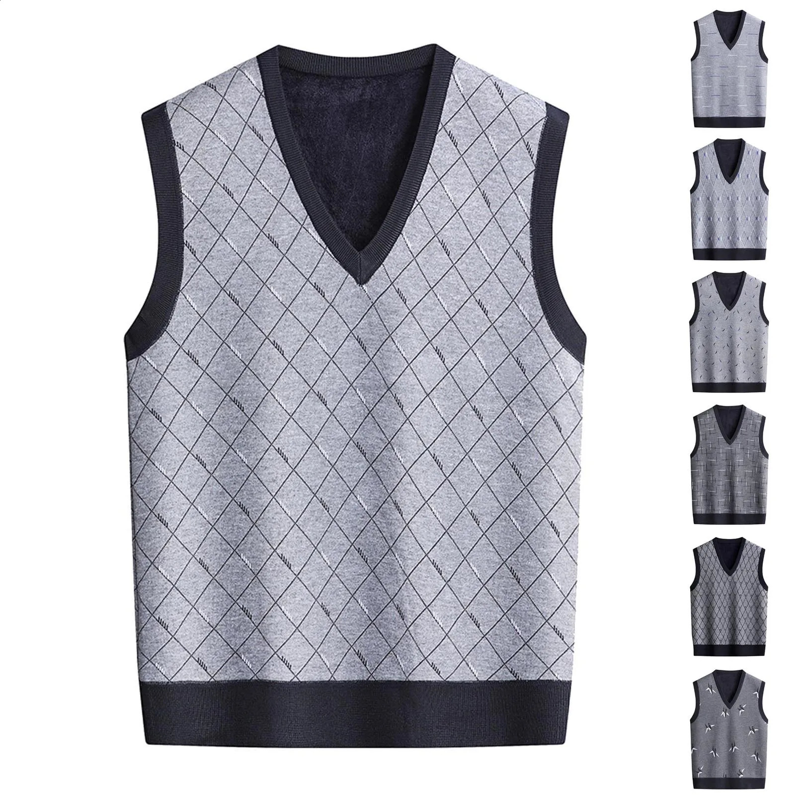 Mens Autumn Winter Casual Fashion V Neck Sleeveless Knit And Fleece Vest Sweater Long Loose Cardigan Rhombus Print Tops 240821
