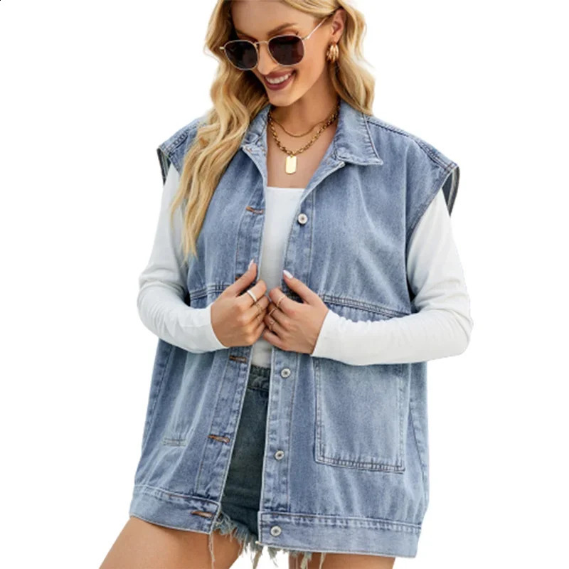 Fashion Lapel Hooded Sleeveless Pocket Denim Vest Womens Single-breasted Cardigan Waistcoat Streetwear Female Casual Outerwear 240822