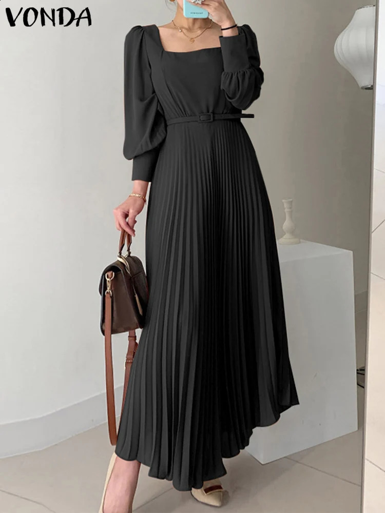 VONDA Elegant Women Long Lantern Sleeve Dress Fashion Sexy Square Collar Pleated Long Dresses Belted Solid Maxi Robe Femme 240822