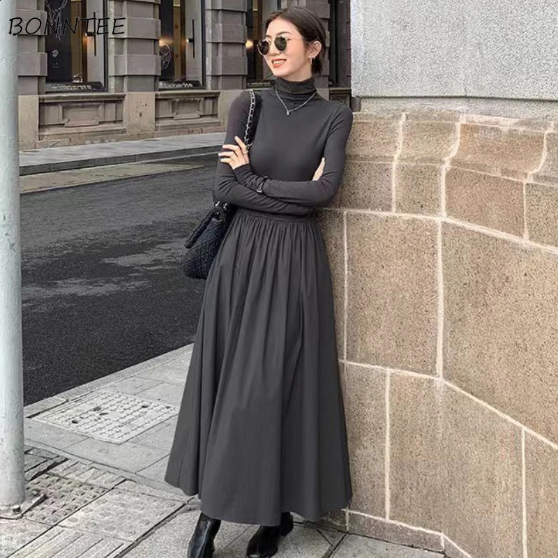A-line longueur de la cheville robe femmes à l'intérieur de la taille européenne de base haute taille élégante dames temps pure couleurs col roul