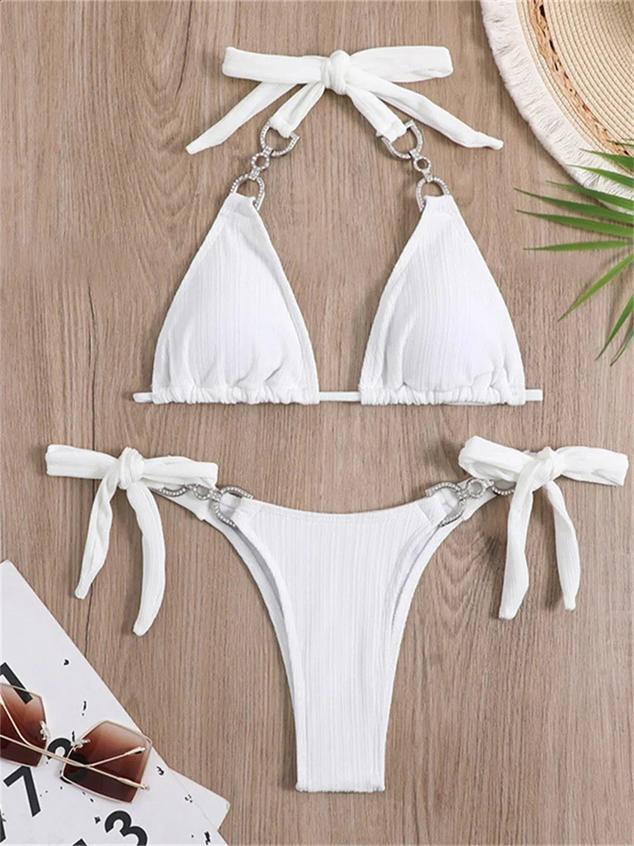 Luxe strass ensemble de Bikini femmes solide blanc licou Push Up Micro maillot de bain Sexy maillot de bain cravate côté Triangle maillots de bai