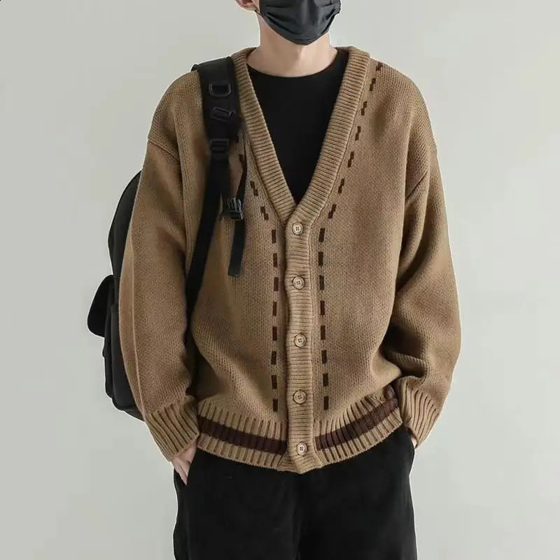 Japanese Retro Trend Autumn Winter Mens Patchwork V-neck Button Sweater Casual Loose Solid Long Sleeved Knitted Tops 240821