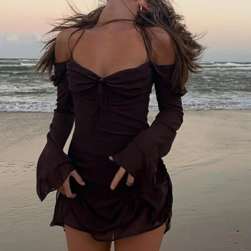 Y2K Fairycore Mesh Halter Robe Chic Femmes Flare Sleeve Side Trawstring Mini Robe Elegant Lady Beach Holiday Club Party 240822