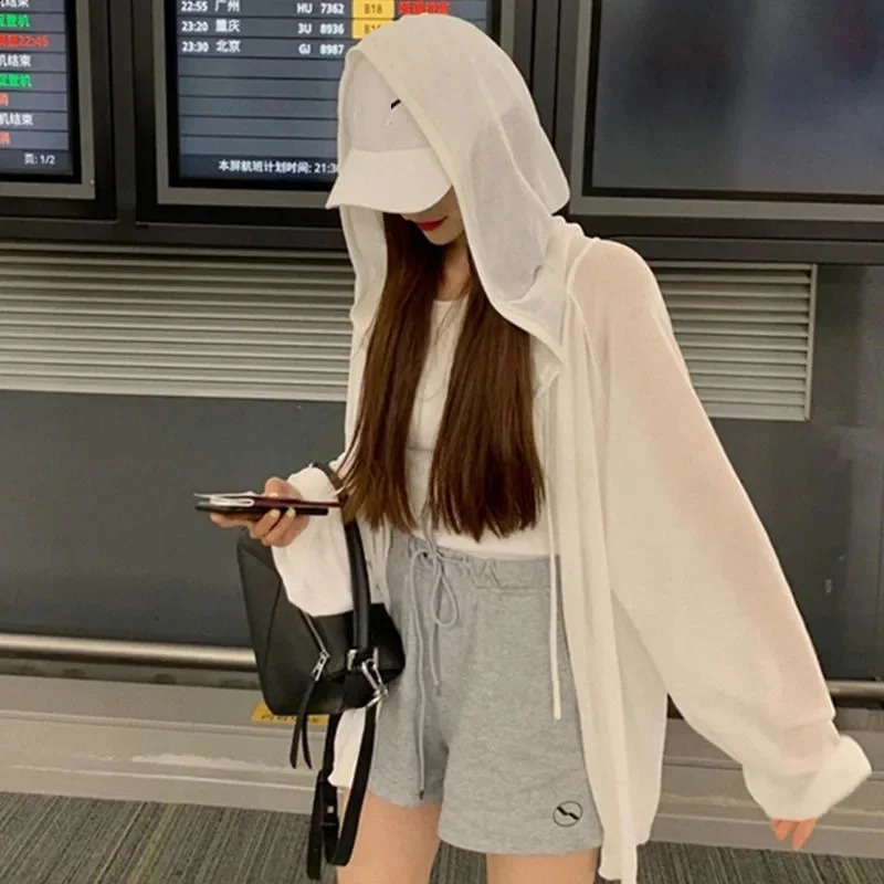 Summer Hooded Sun Protection Clothing Womens Casual Zipper Ultra-thin Lightweight Sun Protection Jacket Loose Top Female 240822