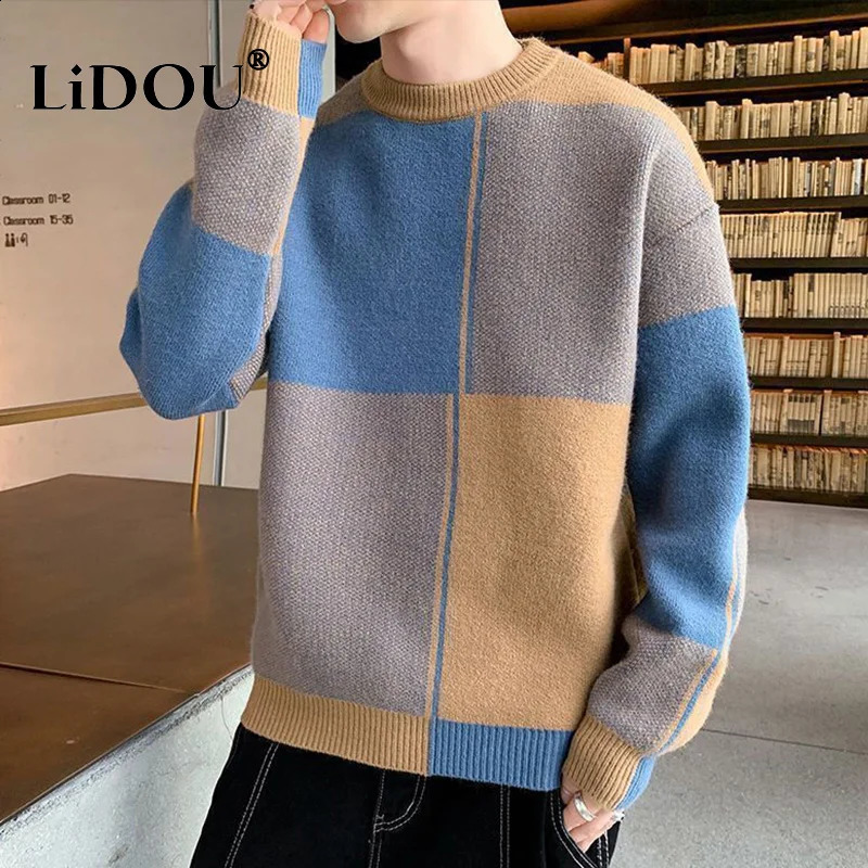 Autumn Winter Fashion Temperament Patchwork Korean Sweaters Man Casual Loose Y2K Chic Male Tops Knitting Pullover Streetwear 240821