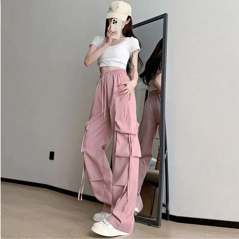 Womens Cargo Pants High Waist Wide Leg with Pockets Female Trousers Pink Autumn Casual Nylon Quality Clothing Slacks 90s Cotton 240821