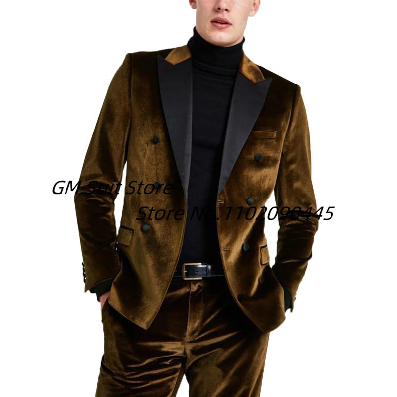 Men Double Breasted 2 Pieces Set Formal Slim Fit Tuxedo Prom Suit Velvet Male Groom Wedding Blazers Dress Jacket Coat Pants 240821