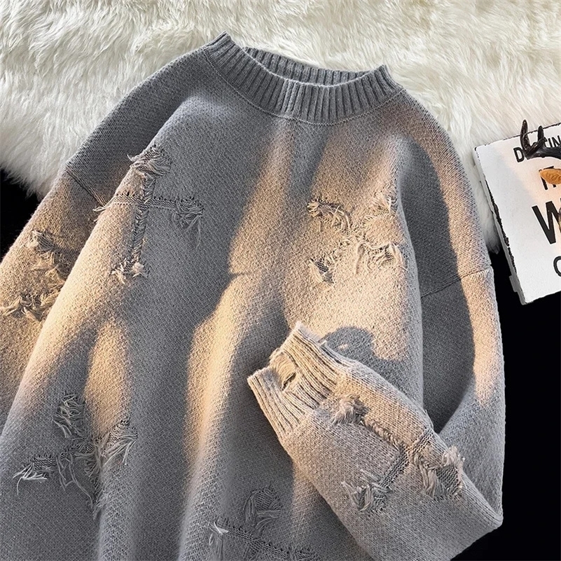 High Street y2k Holey Breaking Sweater Men Women Autumn Winter Casual Couple Knitwear Tops Solid Versatile Pullovers 240821