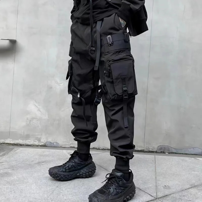 Unisex Tactical Cargo Pants Ribbons Joggers Trousers Spring Functional Elastic Waist Streetwear Pant Harajuku Mens Clothing 240821
