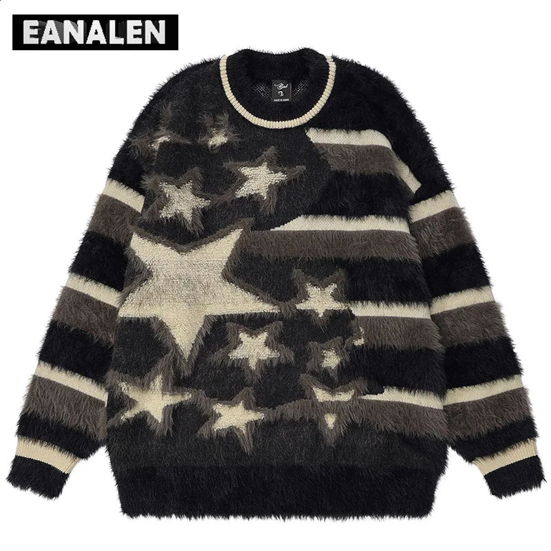 Harajuku peluche rayé pull hommes hiver pull tricoté pull vintage décontracté étoiles graphique grand-père laid pull femmes Y2K 240821