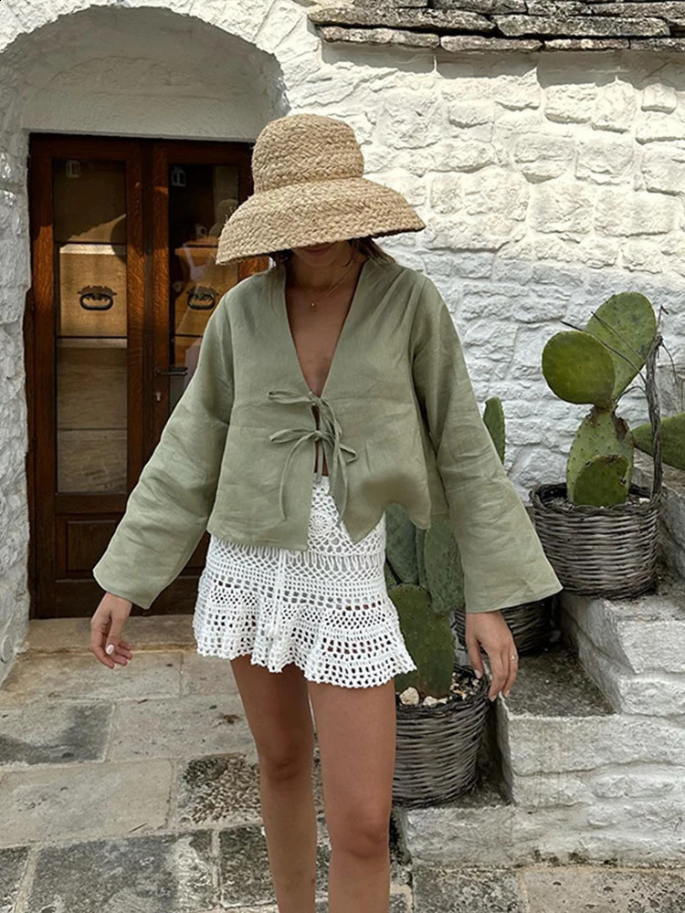 Lace Up Shirt Casual Loose V Neck Hollow Out Solid Blouses Female 2024 Spring Summer Cotton Linen Long Sleeves Tops Lady 240821