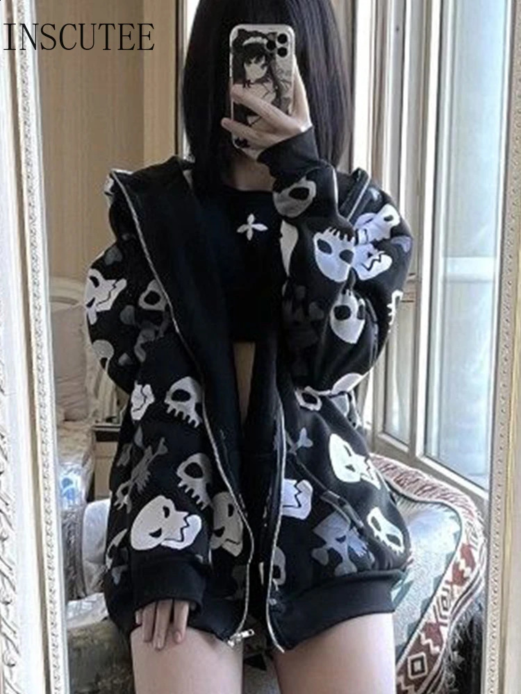 Inscuté Harajuku Y2K Skull Sweathirt Femmes Dark Gothic Cyber Punk Long Manche à glissière Cardigan Sweat Streetwear Rave Tenues 240822