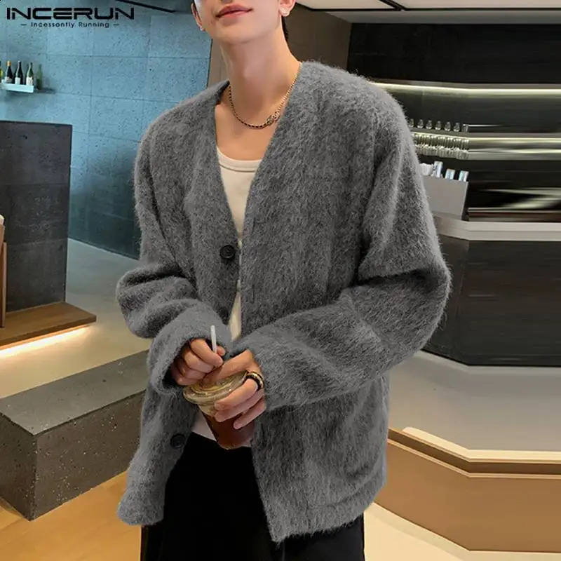 Mens Open Collar Solid Color Knitted V-neck Long Sleeve Button Mens Kimono Street Clothing Plush Fashion Casual Sweater INCERUN 240930